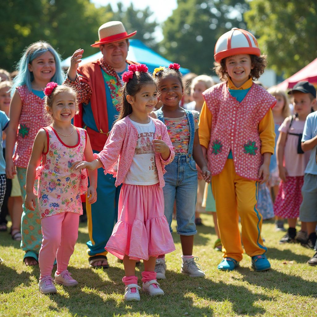 Team members performing for children